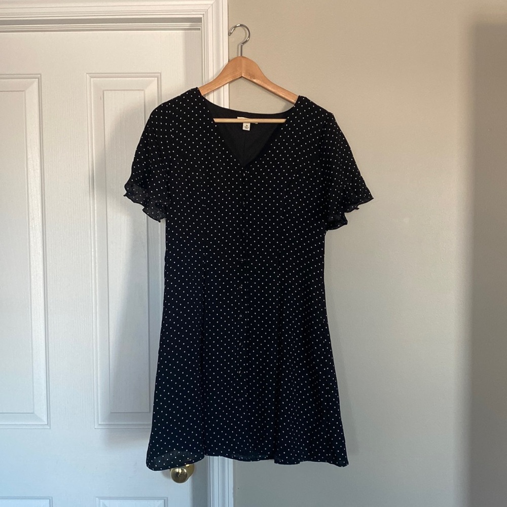 Francesca’s black polka dot button up mini dress with ruffle sleeve, size M